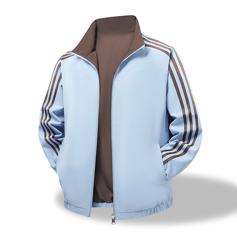 Tres barras transfronterizas de doble cara para vestir chaquetas a rayas de estilo americano de primavera y otoño, cuello de moda, chaqueta de pareja casual, chaqueta superior