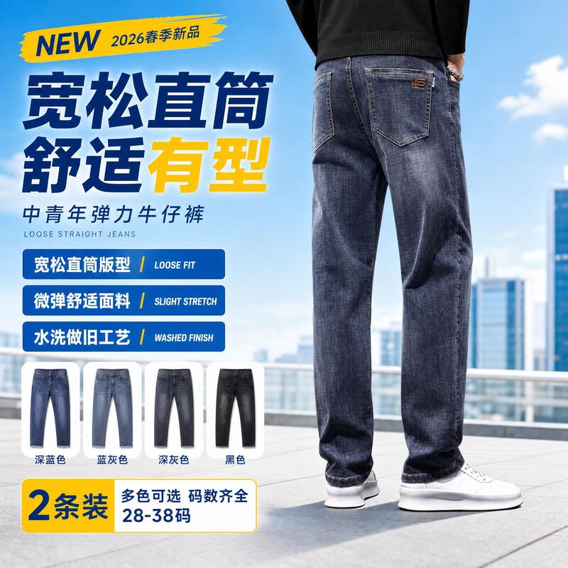Young and middle-aged men's stretch denim jeans, Korean style, loose fit, business casual, spring and autumn, washed, mid-rise, straight-leg long pants Young and middle-aged men's stretch denim jeans, Korean style, loose fit, business casual, spring and autumn, washed, mid-rise, straight-leg long pants