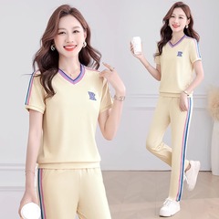 夏季纯棉运动服套装女士2025新款休闲时尚洋气妈妈v领两件套薄款