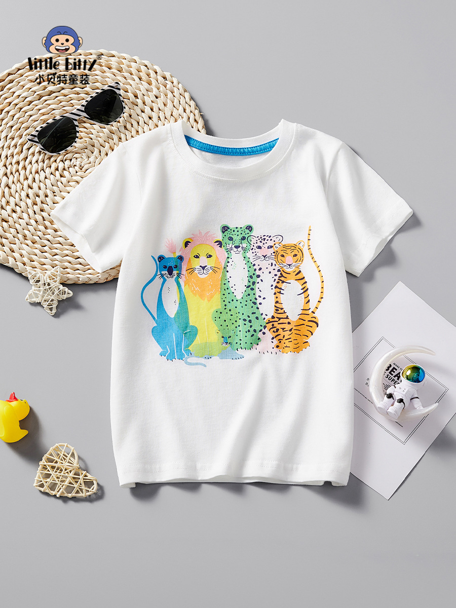 2025 Summer Boys New Tiger Lion Variety of Animal Cartoon Print White T-Shirt Sports European and American Trendy
