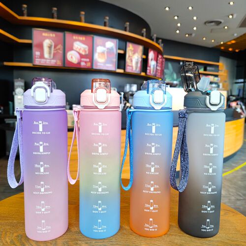 Gradient color plastic duckbill-shaped straw sports water bottle portable rope one-click bouncing water cup Amazon Foreign Trade