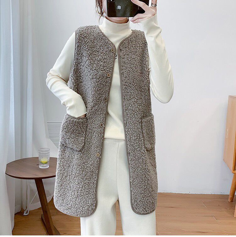 Estilo coreano de media longitud Chaleco de piel de cordero falso Otoño e Invierno desgaste exterior 2023 grano de piel de terciopelo Chaleco de una sola pieza Chaleco de felpa image 5
