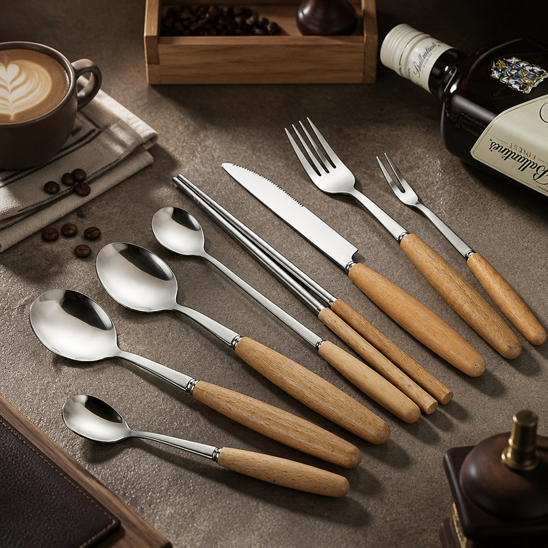 Beech handle stainless steel tableware suit Japanese style stainless steel knife, fork and spoon fruit fork household solid wood handle spoon chopsticks