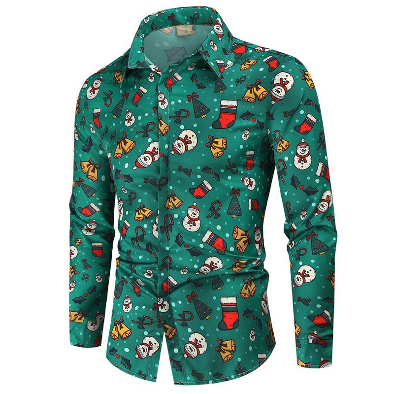 Stretch Bamboo Stretch European and American Men's Shirts Digital Christmas Printed Shirts Men's Autumn and Winter New Foreign Trade