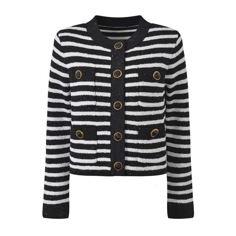 French-Style Chanel-Inspired Luxury Color-Block Striped Round-Neck Jacket with Lion Head Buttons and Four Pockets, Short Niche Design French-Style Chanel-Inspired Luxury Color-Block Striped Round-Neck Jacket with Lion Head Buttons and Four Pockets, Short Niche Design
