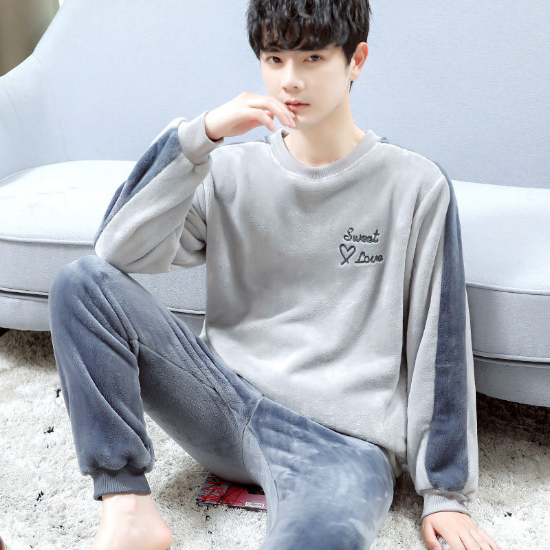 Pajamas Men's Winter Flannel Pullover Large Size Fleece-Lined Thickeneded Double-Sided Velvet Cartoon Loose Student Autumn and Winter Home Clothes