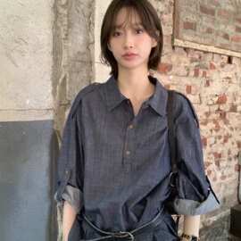2026早秋韩系休闲慵懒风牛仔衬衫女可卷袖宽松半开领通勤百搭衬衣