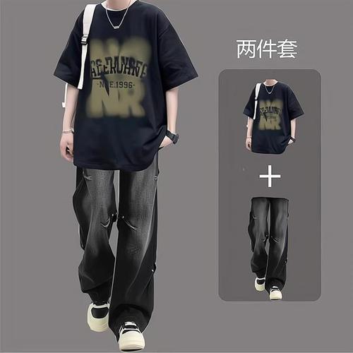 Summer Boys Cool and Stylish Top Set American Bad Boy Youth Short Sleeve T-Shirt Set Matching Loose