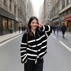 撞色条纹2025秋冬款新款撞色针织衫开衫连帽慵懒学院风宽松女毛衣