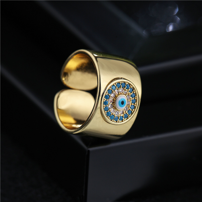 Aogu Cross-Border New 18K Gold Plated Copper Micro-Inlaid Ornament 11mm Wide Open Devil Eye Ring for