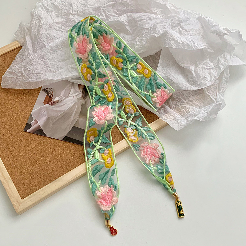 Pañuelo de seda, banda larga, sensación de alto nivel, temperamento de nicho, estilo étnico, bordado floral, bufanda de seda de encaje, cinta para el cabello de nuevo pañuelo en la cabeza