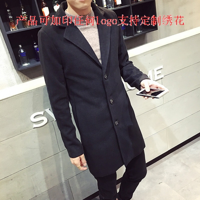 跨境双十一大量备货 九色风衣男士纯色翻领中长款毛呢风衣潮