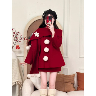 New Year Red Cloak Woolen suit Women's Winter Thickened Warm Jacket Two-piece Set