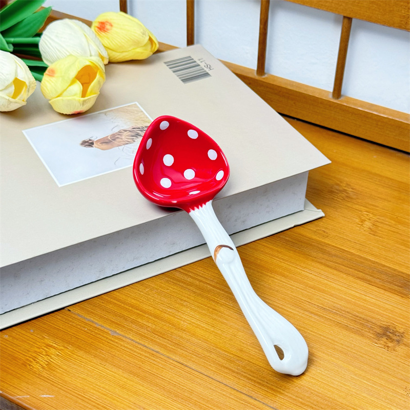 Mushroom Ceramic Tableware Dessert High-Value Cartoon Internet Celebrity Household Cute Long-Handle Teaspoon Soup Spoon_voghion.com