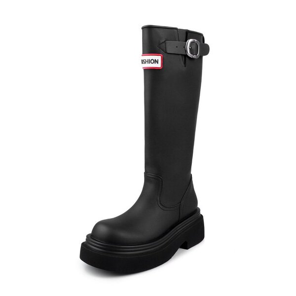 Red autumn high boots made of soft leather platform