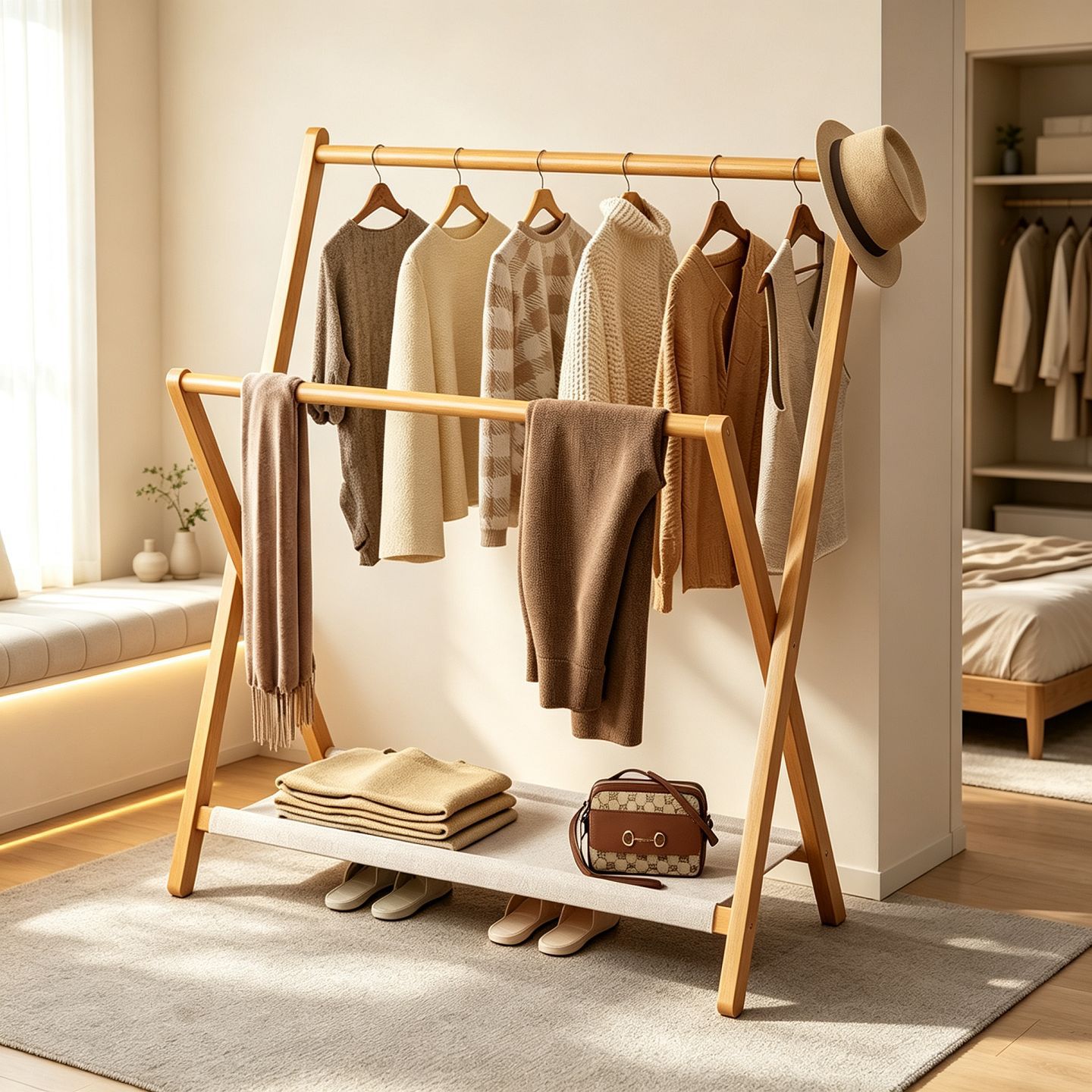 La percha aterriza en el dormitorio, la percha plegable cuelga la ropa junto a la cama, el artefacto de ropa ordena el estante, el simple estante de ropa doméstica