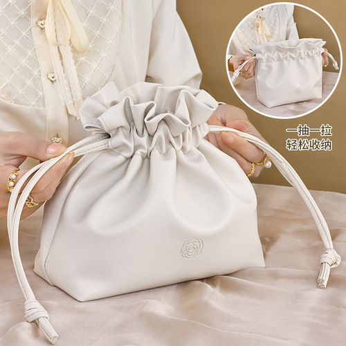 Lazy Person Makeup Bag for Women Portable Large Capacity Travel Storage Bag Drawstring Closure PU Leather Skincare Toiletry Bag