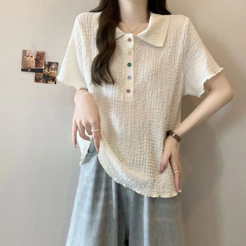 College style polo collar shoulder short sleeve T-shirt women's summer chubby girl texture belly-covered age-reducing shirt 300kg jacket College style polo collar shoulder short sleeve T-shirt women's summer chubby girl texture belly-covered age-reducing shirt 300kg jacket