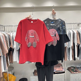 加厚磨毛T恤女冬欧货卡通兔子中长款宽松百搭大版圆领短袖上衣ins