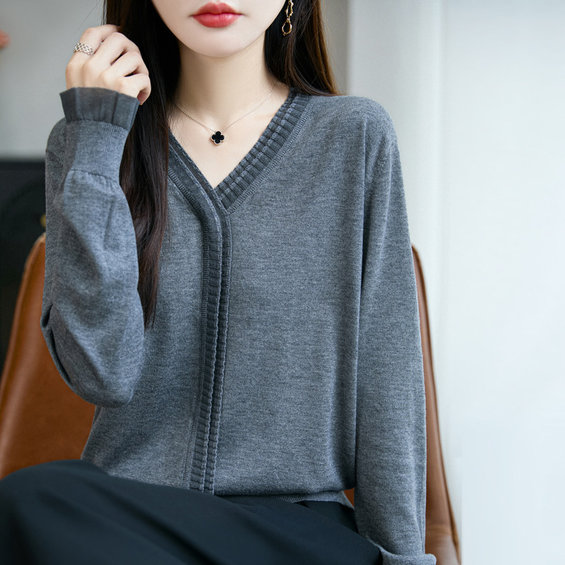 早秋新款时尚蕾丝拼接V领宽松针织衫女减龄气质显瘦百搭女装上衣|undefined