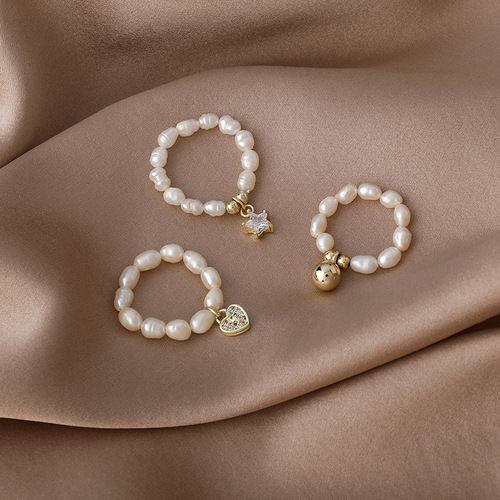 Freshwater Pearl Ring Women's Fashion Personality Ins Trend Niche Design Simple Zircon Love Star Elastic Ring