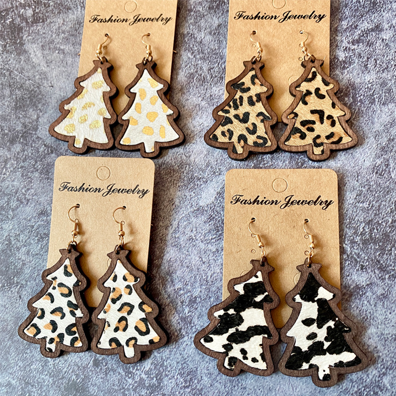 Christmas Tree, Leopard Pattern Women's Gender 1 Pair Christmas Retro Christmas Tree Leopard Wood Drop Earrings