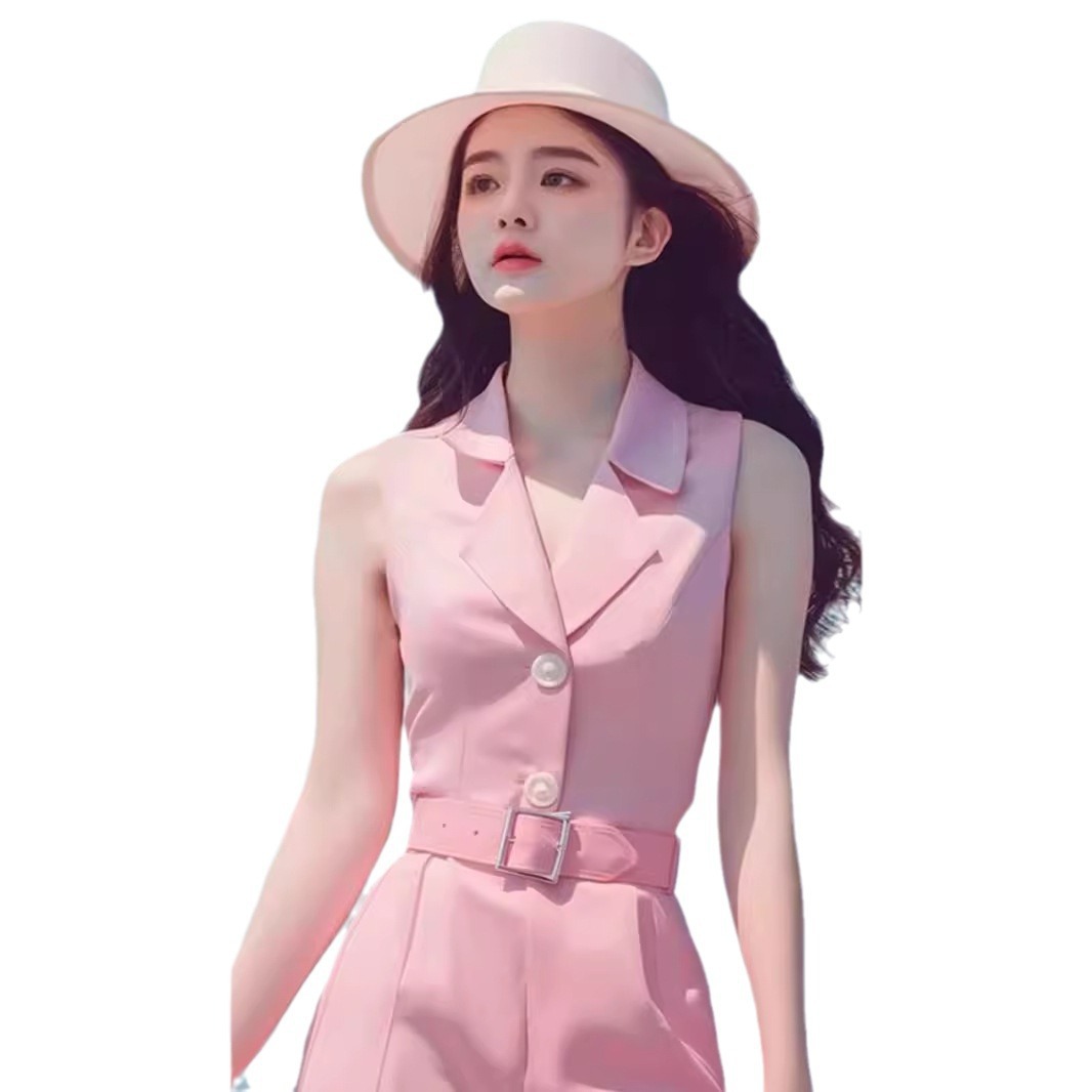 Bộ jumpsuit nữ dài tay màu hồng phong cách dopamine mùa hè cao cấp — Màu hồng