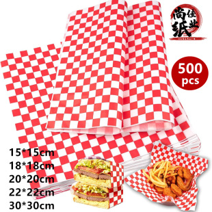 Grid Oil-Proof Paper Square Sandwich Wrapping Paper Red Wax Paper Cross-Border Oil-Proof Food Basket Lining Paper 500 Sheets