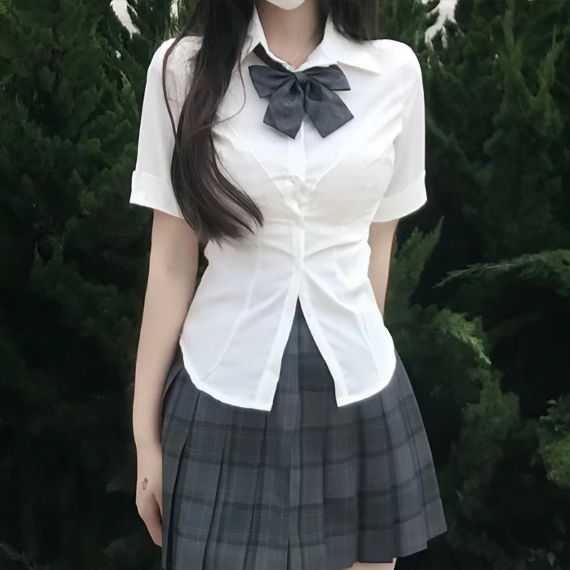 JK 유니폼 순수한 욕망 스파이스 소녀 타이트 허리 셔츠 여성의 봄과 가을 대학 스타일 화이트 셔츠 슬림 핏 슬림베이스 탑