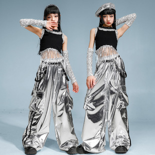 Jazz Dance Girls' Costume Navel Black Silver Tassel Vest suit Fashionable Jazz Street Show Street Dance Performance Dress