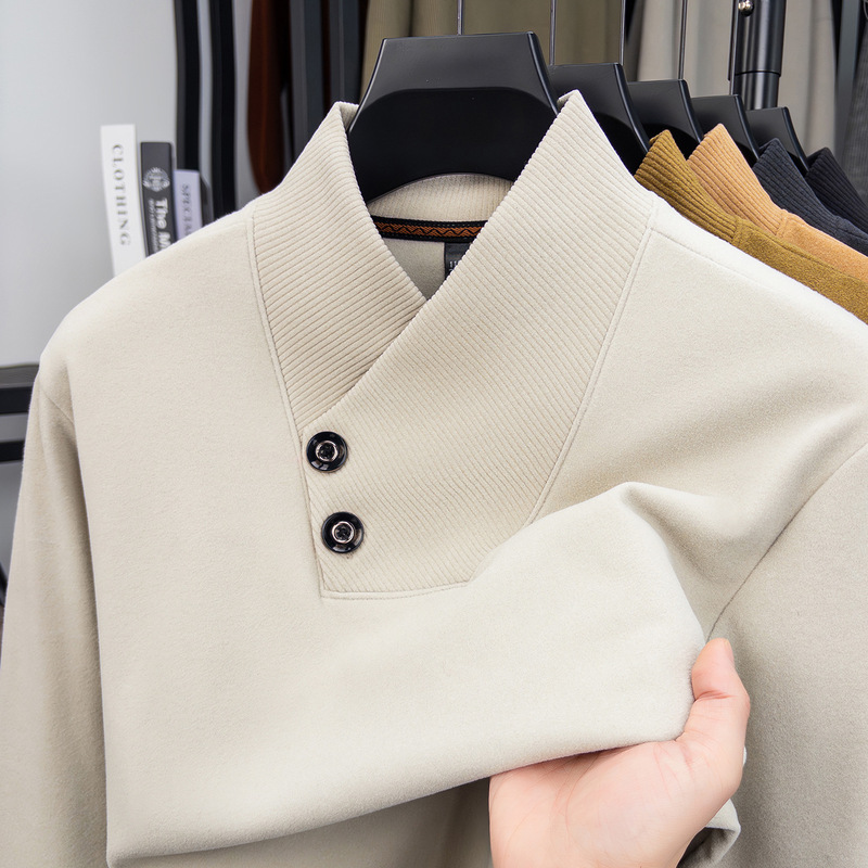 Popular Scarf-Collar Thermal Fleece Two-Button Thickened Men's Long-Sleeve Trendy Sweatshirt, Skin-Friendly Warm Base Layer Men's Clothing