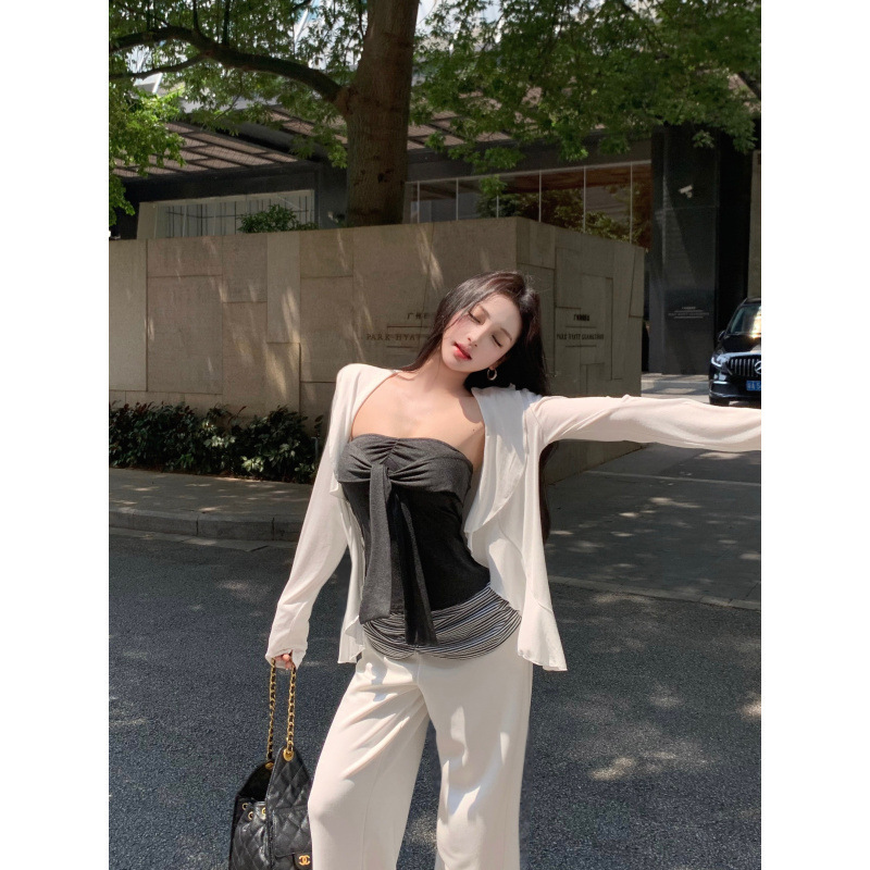 韩系辣妹松弛感穿搭罩衫抹胸女拼接条纹腰头休闲裤套装女|undefined