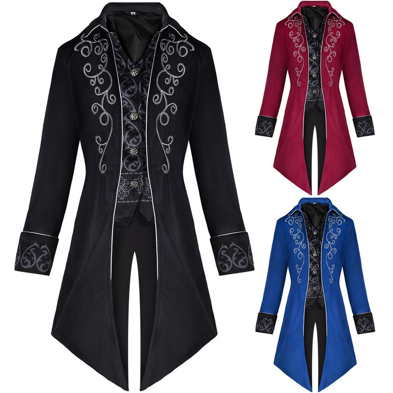 Halloween Medieval Tailcoat Retro Clothing Mid-Length Punk Men's Coat with Silver Trim Cosplay Gentleman Outfit Halloween Medieval Tailcoat Retro Clothing Mid-Length Punk Men's Coat with Silver Trim Cosplay Gentleman Outfit