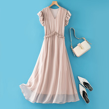 新款纯色V领木耳边桑蚕丝长款沙滩长裙 松紧腰真丝连衣裙