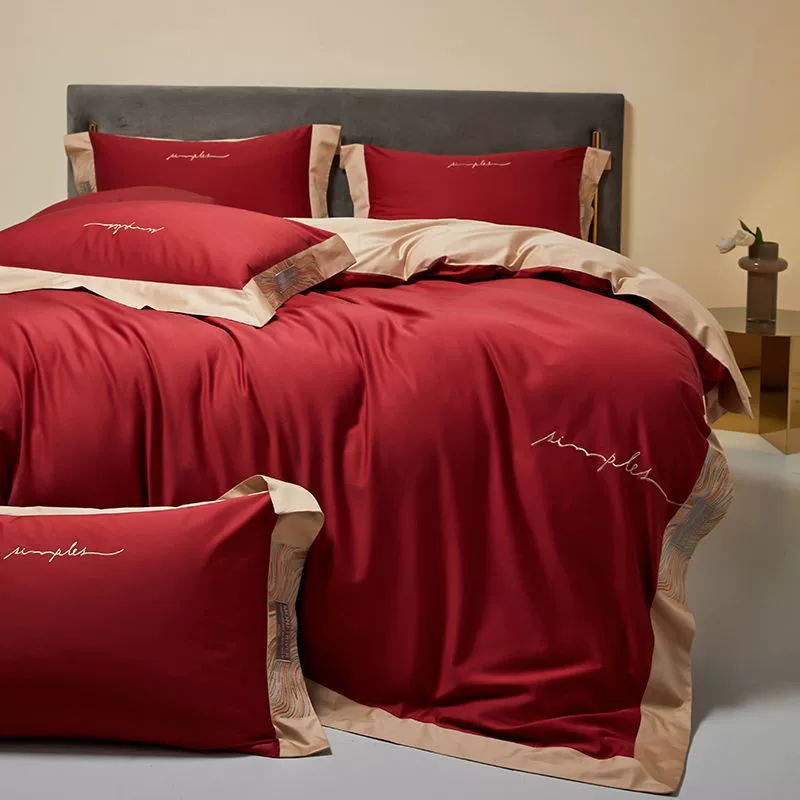 Q4Phappylove red four-piece wedding bedding set 100S wedding simple wedding