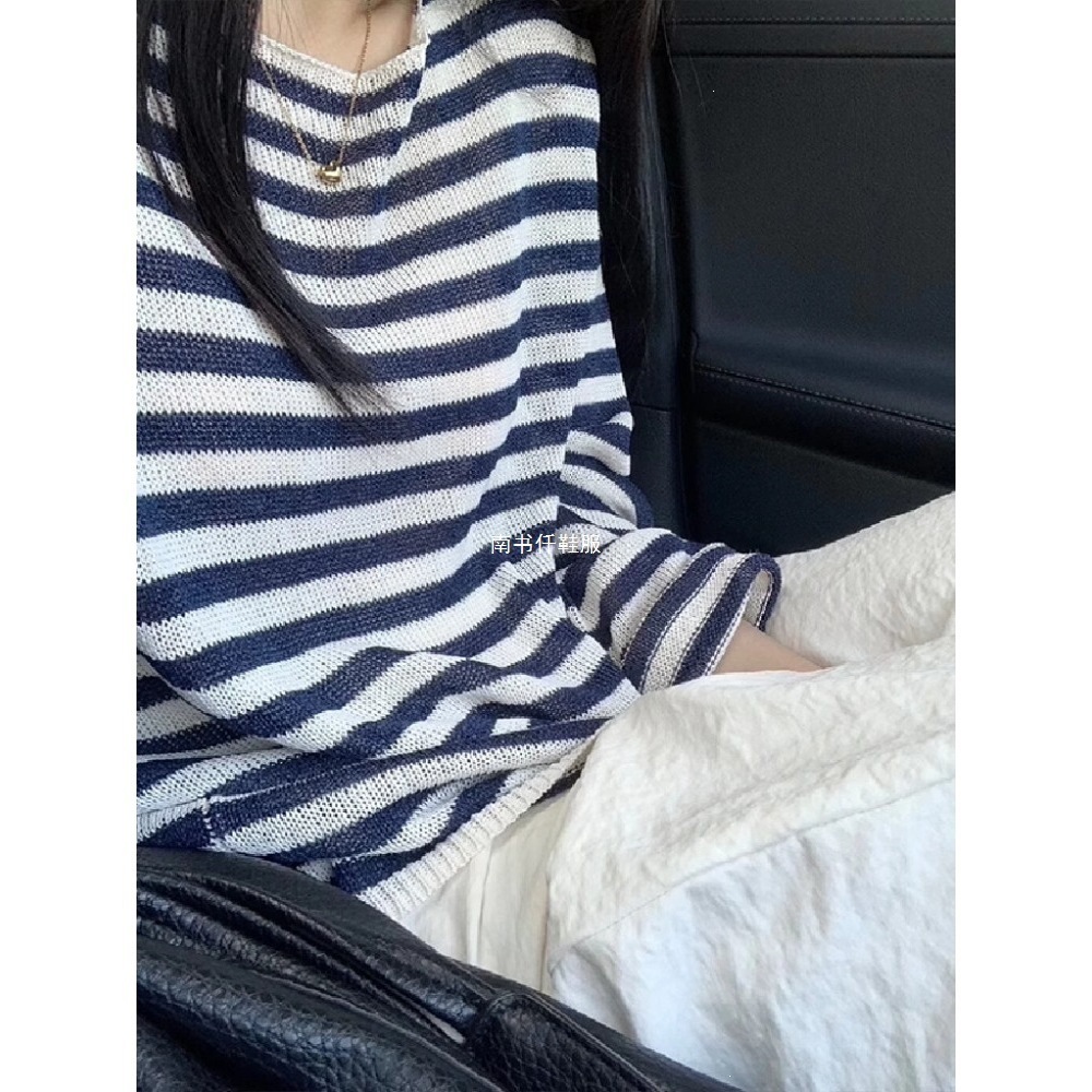 Chic Korean Style Striped Ice Silk Knit Long-Sleeve T-Shirt, Sun Protection Cover-Up, Women's Summer Outerwear, Sheer Top, Air Conditioning Shirt