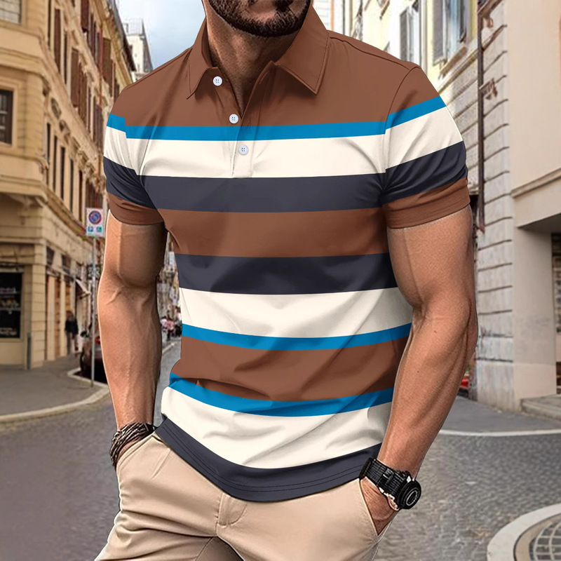 2025アマゾンの新型国境を越えた男性カジュアルpoloシャツvネックボタンビジネスストライプtシャツ上着|undefined