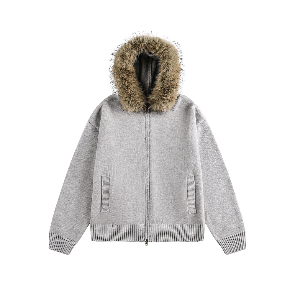 "Retro Detachable Faux Fur Collar Cardigan – Unisex Hooded Sweater Coat (Flower Gray/Black/Bluish/Apricot, S-XXL)"_viptrois.com
