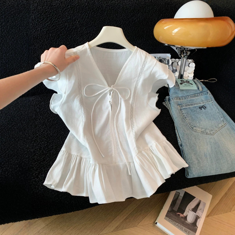 French-Style Ruffled V-Neck Tie-Front Short-Sleeve Blouse for Women, New Summer Sweet Style Lace Patchwork Slimming Top
