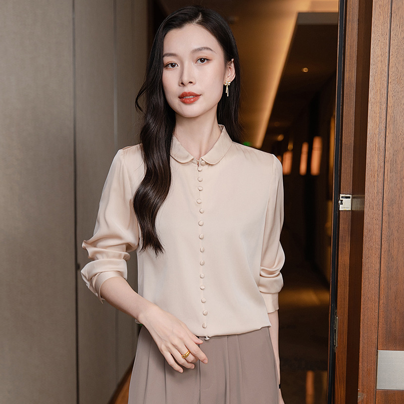 Double Joe Silk New Chinese Style Multi-button Back Pinch Fold Design Doll Collar Playful Age-reducing Slimming Lapel Top Solid Color