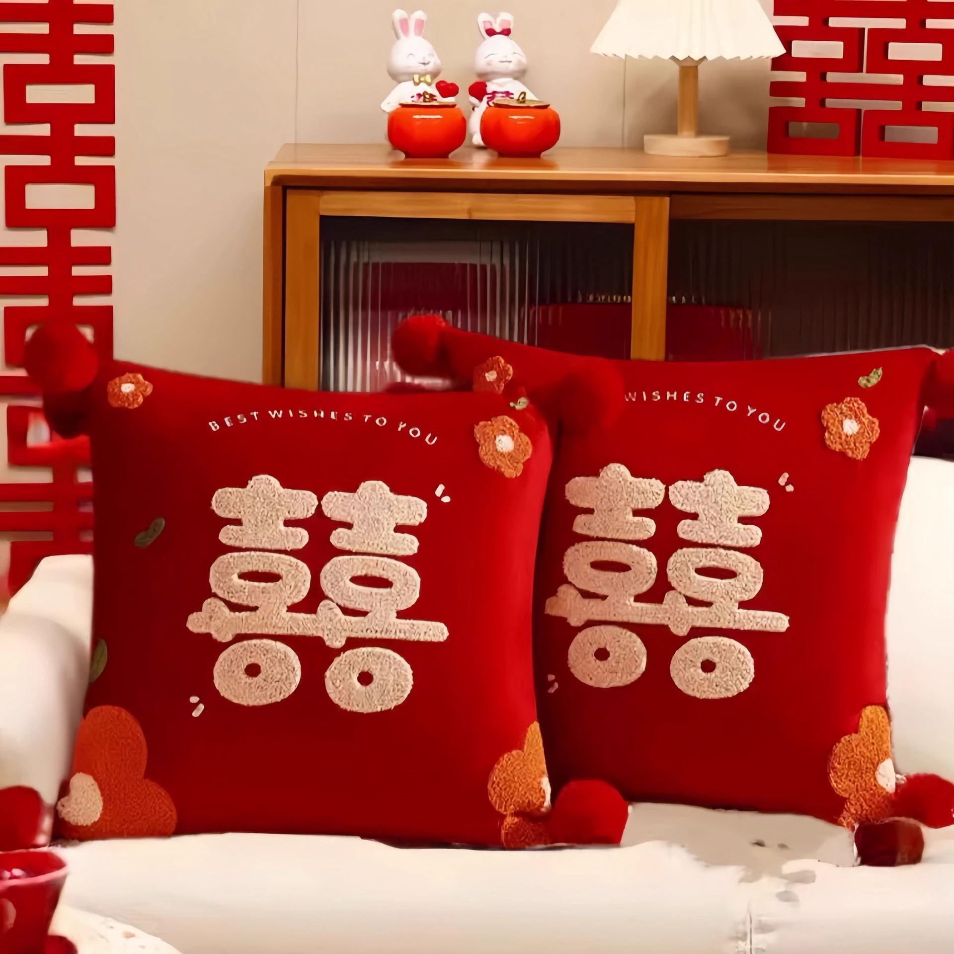 A Pair of Wedding-Themed Pillowcases Without Inserts for Wedding Room Decoration, Living Room Sofa, Red Cushions, and Bed Pillows