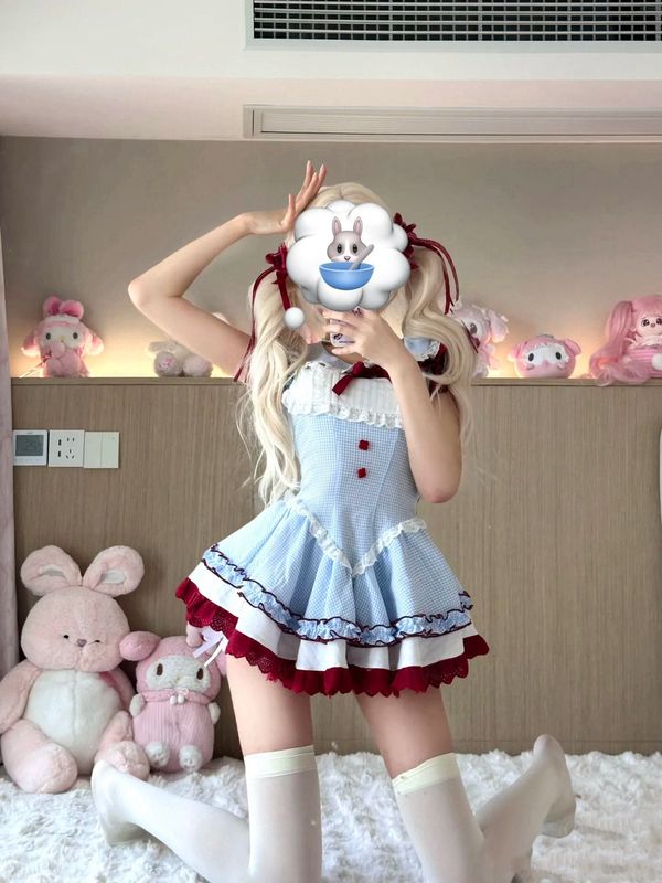 日本の甘いチェリーボールブルーチェック柄ドレス夏かわいいロリータ小さなフライングスリーブふわふわプリンセスドレス|undefined