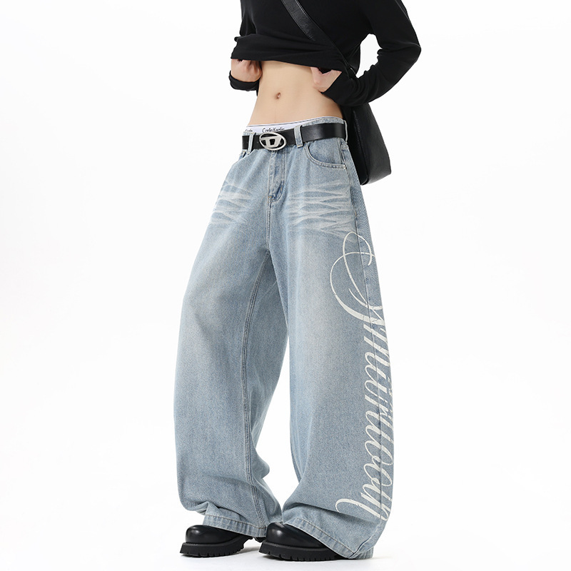 American Street Vibe Light-Colored Distressed Washed Jeans Retro Relaxed Cool Straight Wide-Leg Floor-Length Pants