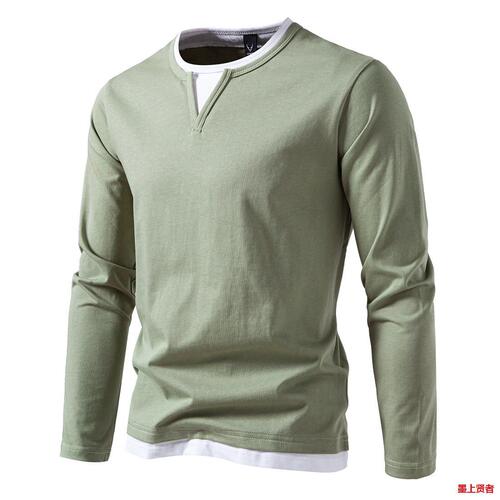 Men's T-shirt fake two-piece double-layer V-neck autumn and winter fashionable splicing large size bottomed shirt Men's long-sleeved T-shirt