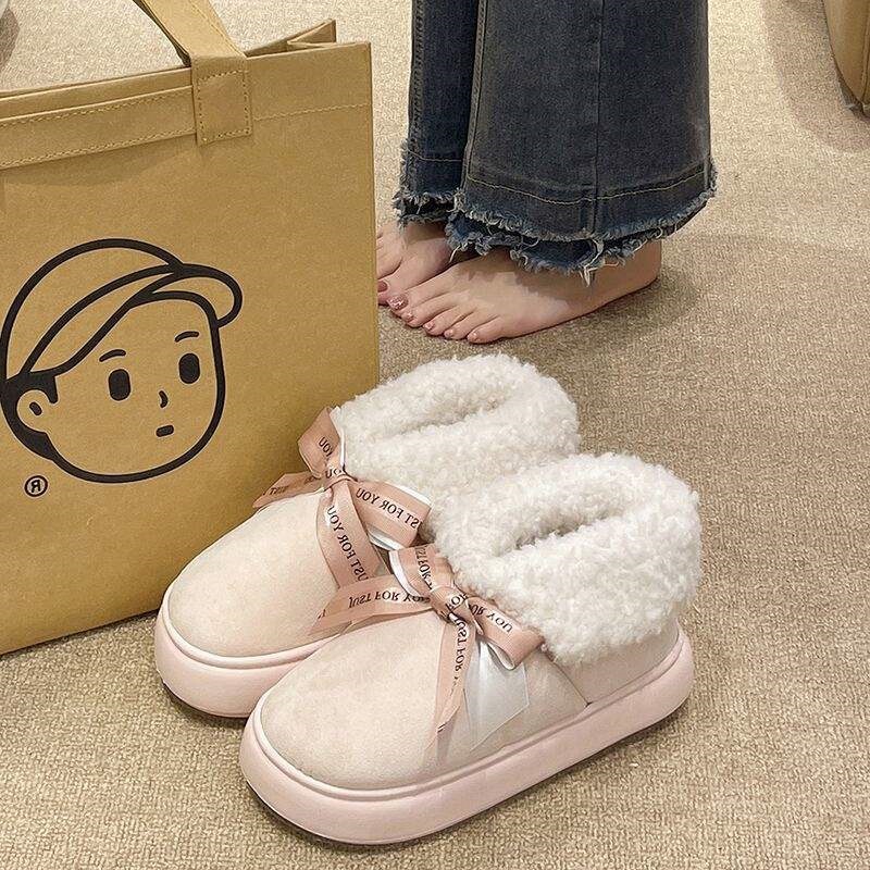 Fashionable Bow-Knot Cotton Slippers for Women, Winter Outdoor Wear, Fleece-Lined, Warm Snow Boots, Non-Slip Thick-Soled Home Slippers with Covered Heels Fashionable Bow-Knot Cotton Slippers for Women, Winter Outdoor Wear, Fleece-Lined, Warm Snow Boots, Non-Slip Thick-Soled Home Slippers with Covered Heels
