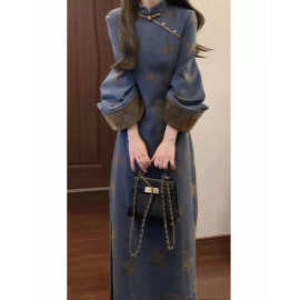 设计感新中式国风复古高级感改良旗袍连衣裙秋冬季民国风牛仔长裙