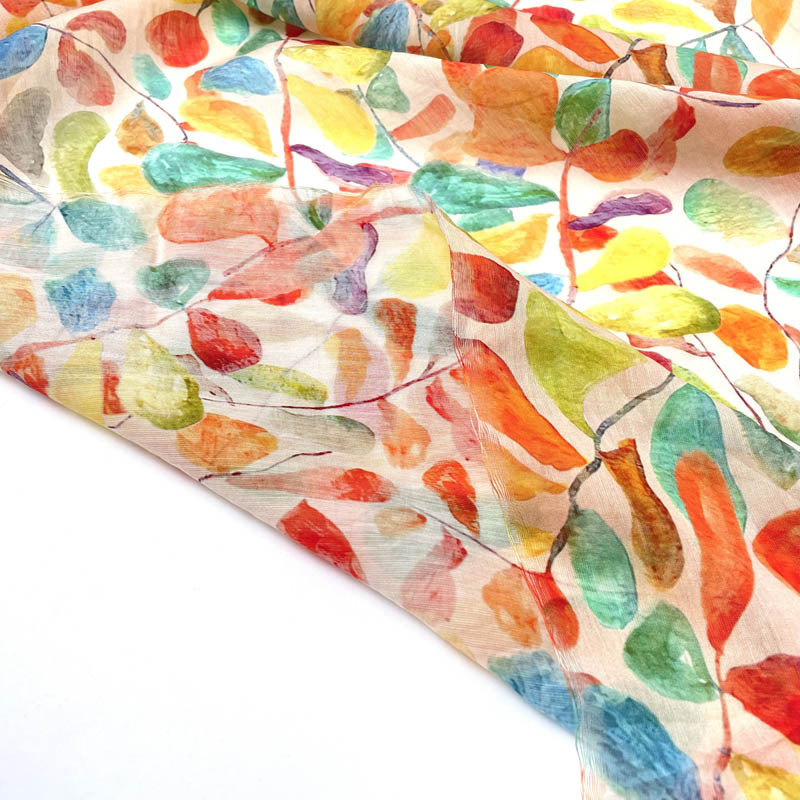 垂坠飘逸彩色油画树叶微透珠光缎面无弹设计师布料连衣裙衬衫面料