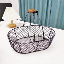 铁艺收纳篮子原木手柄复古铁线篮杂物篮多功能筐家用手工编织果篮