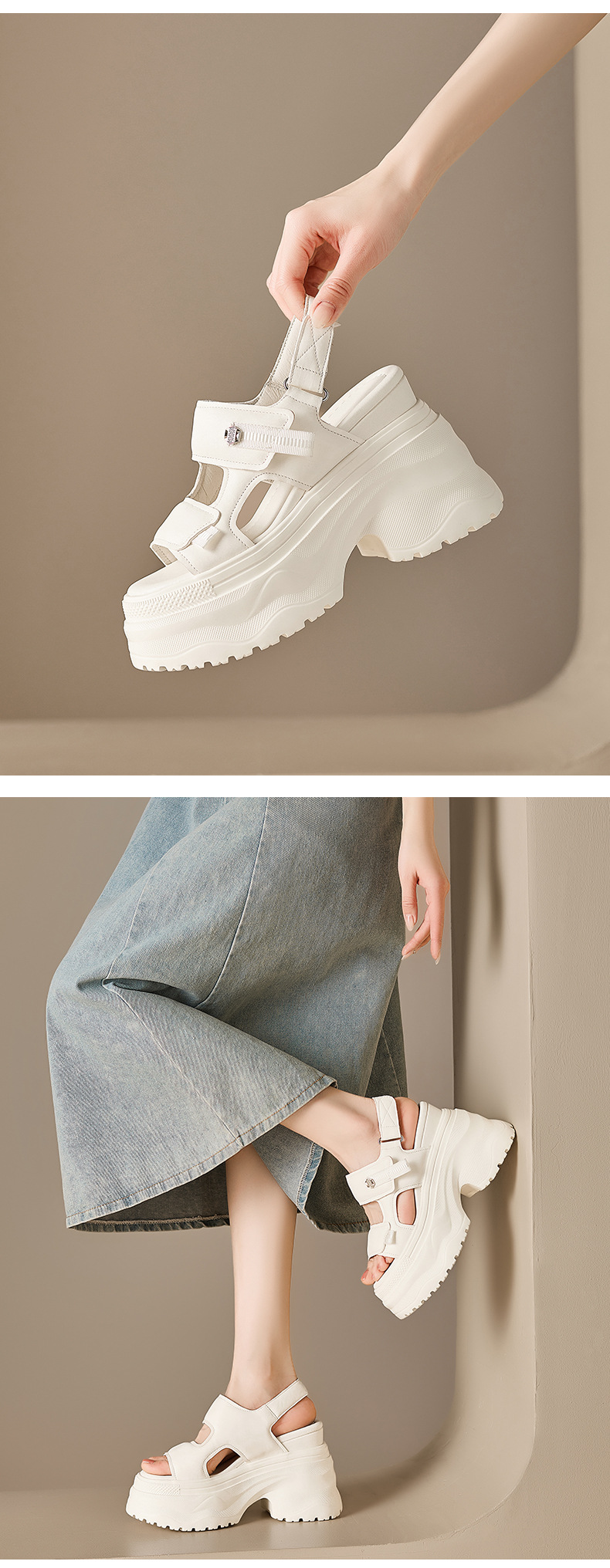 Sandal nữ đế xuồng cao gót 12 cm mũi hở phong cách La Mã — màu đen, màu trắng ngà chi tiết 6