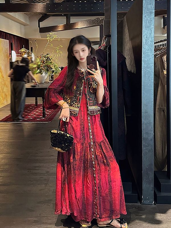 2025 中国風の新しい中国風の女性のプリントランタンスリーブスマッジスカート気質ルーズな新しいドレス N7015|undefined